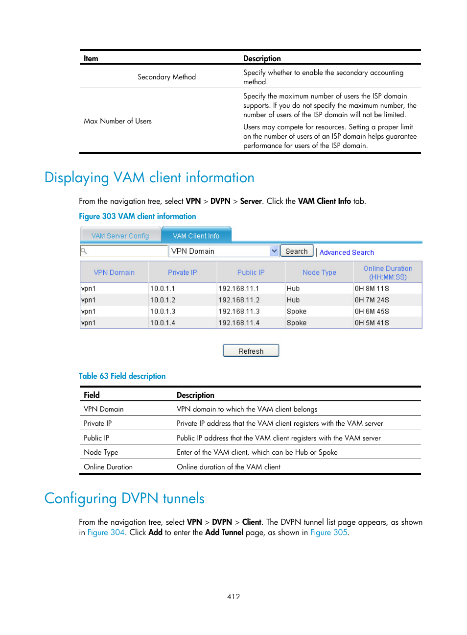 Displaying vam client information, Configuring dvpn tunnels | H3C Technologies H3C SecPath F1000-E User Manual | Page 424 / 490