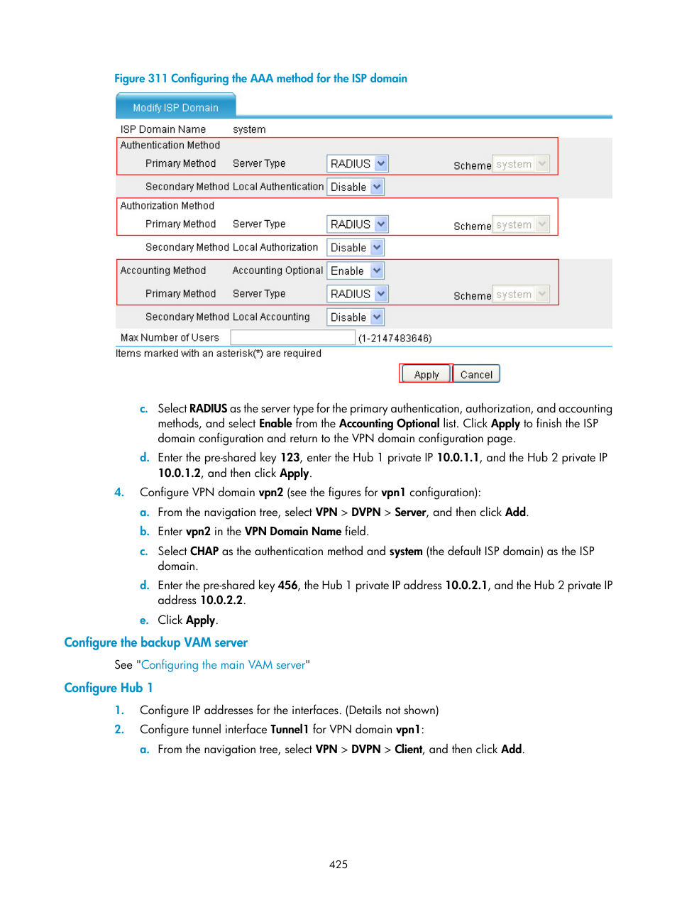 Configure the backup vam server, Configure hub 1 | H3C Technologies H3C SecPath F1000-E User Manual | Page 437 / 490