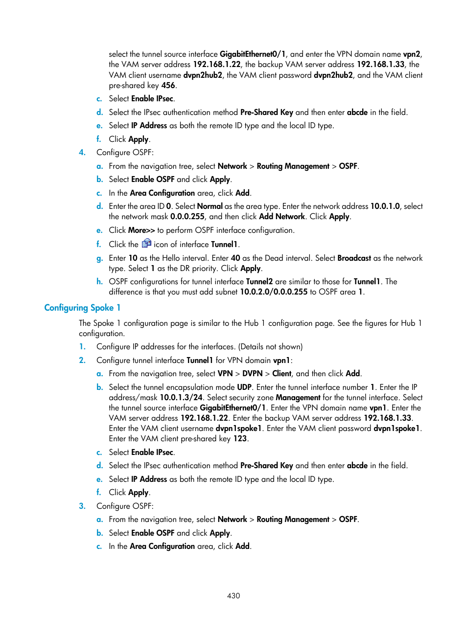 Configuring spoke 1 | H3C Technologies H3C SecPath F1000-E User Manual | Page 442 / 490