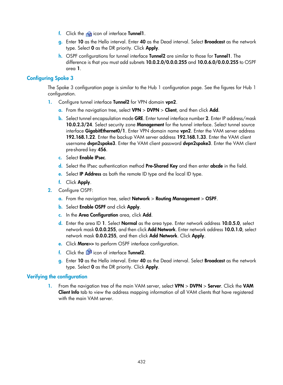 Configuring spoke 3, Verifying the configuration | H3C Technologies H3C SecPath F1000-E User Manual | Page 444 / 490