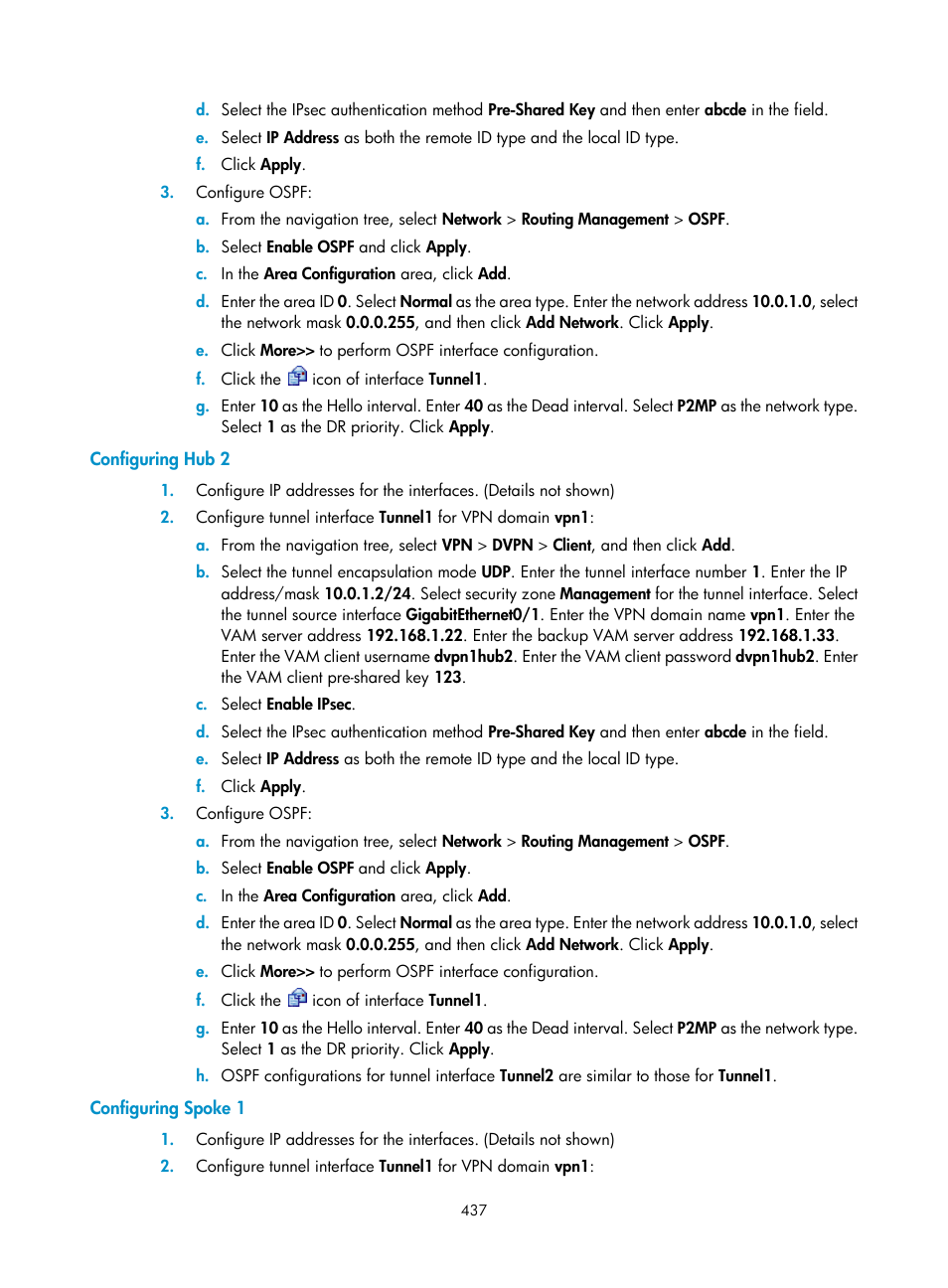 Configuring hub 2, Configuring spoke 1 | H3C Technologies H3C SecPath F1000-E User Manual | Page 449 / 490