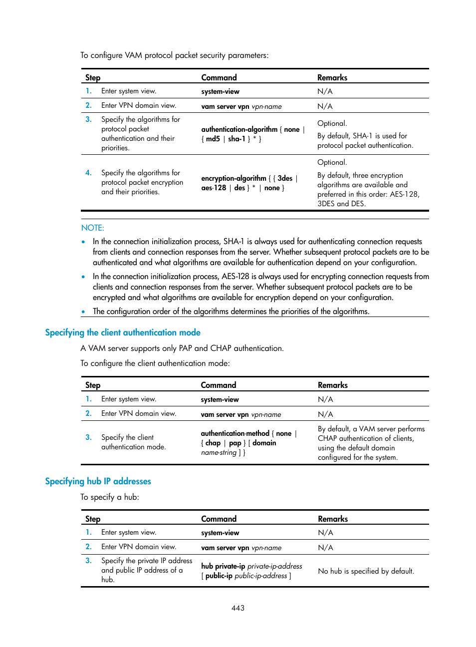 Specifying the client authentication mode, Specifying hub ip addresses | H3C Technologies H3C SecPath F1000-E User Manual | Page 455 / 490