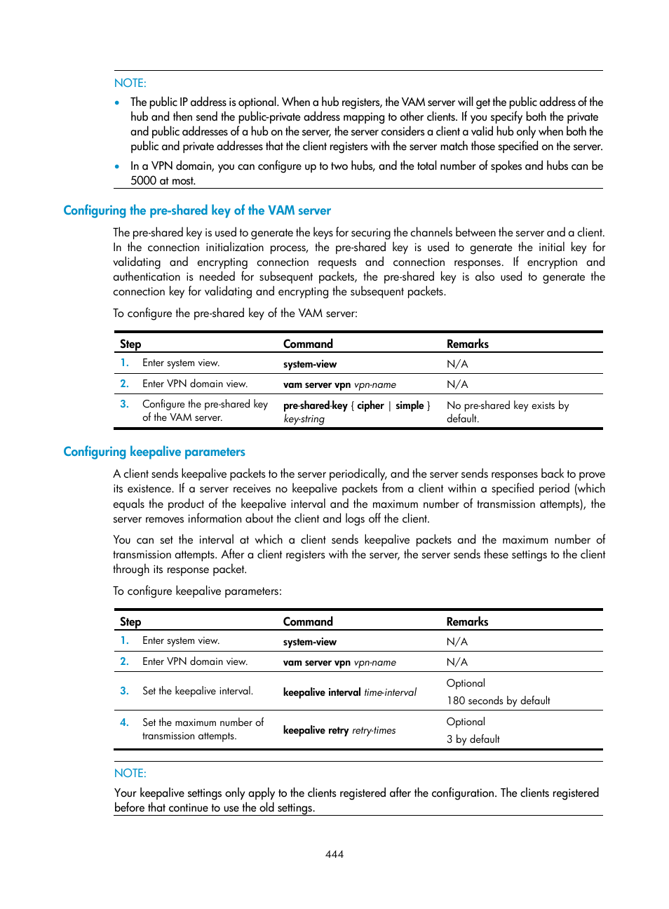 Configuring the pre-shared key of the vam server, Configuring keepalive parameters | H3C Technologies H3C SecPath F1000-E User Manual | Page 456 / 490