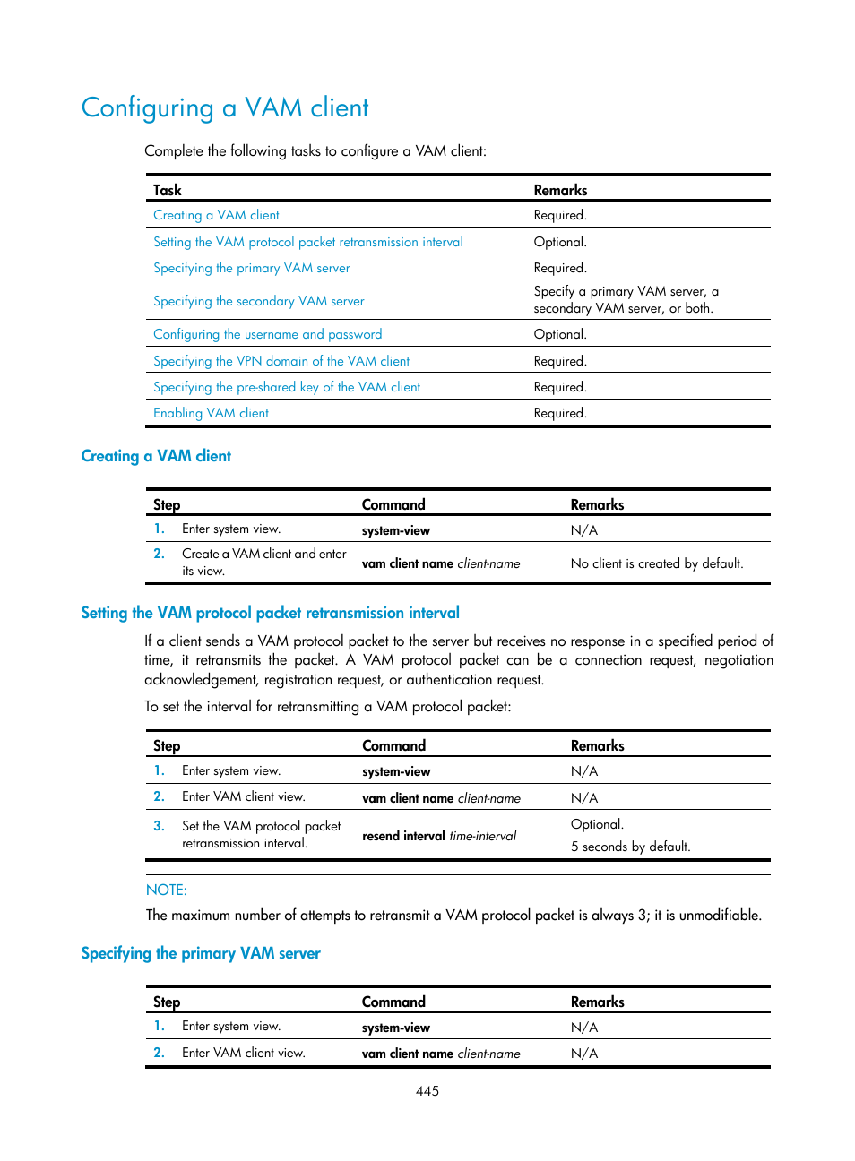 Configuring a vam client, Creating a vam client, Specifying the primary vam server | H3C Technologies H3C SecPath F1000-E User Manual | Page 457 / 490