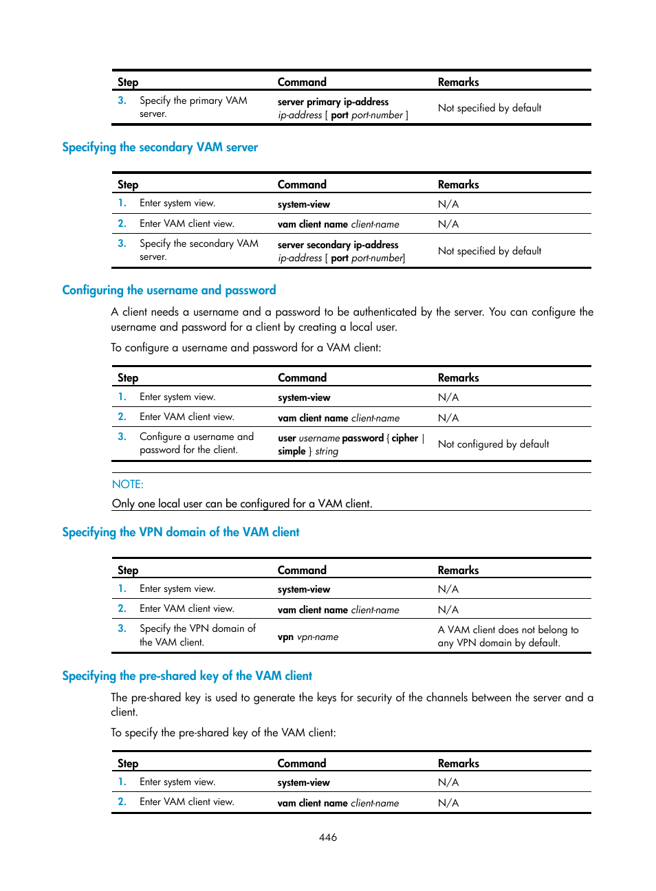 Specifying the secondary vam server, Configuring the username and password, Specifying the vpn domain of the vam client | Specifying the pre-shared key of the vam client | H3C Technologies H3C SecPath F1000-E User Manual | Page 458 / 490