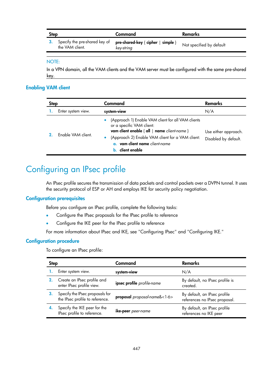 Enabling vam client, Configuring an ipsec profile, Configuration prerequisites | Configuration procedure | H3C Technologies H3C SecPath F1000-E User Manual | Page 459 / 490