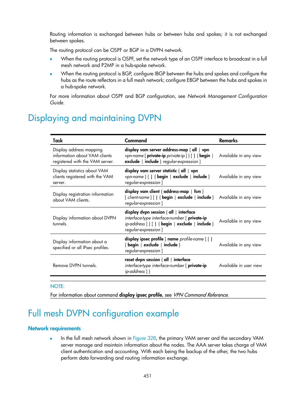 Displaying and maintaining dvpn, Full mesh dvpn configuration example, Network requirements | H3C Technologies H3C SecPath F1000-E User Manual | Page 463 / 490