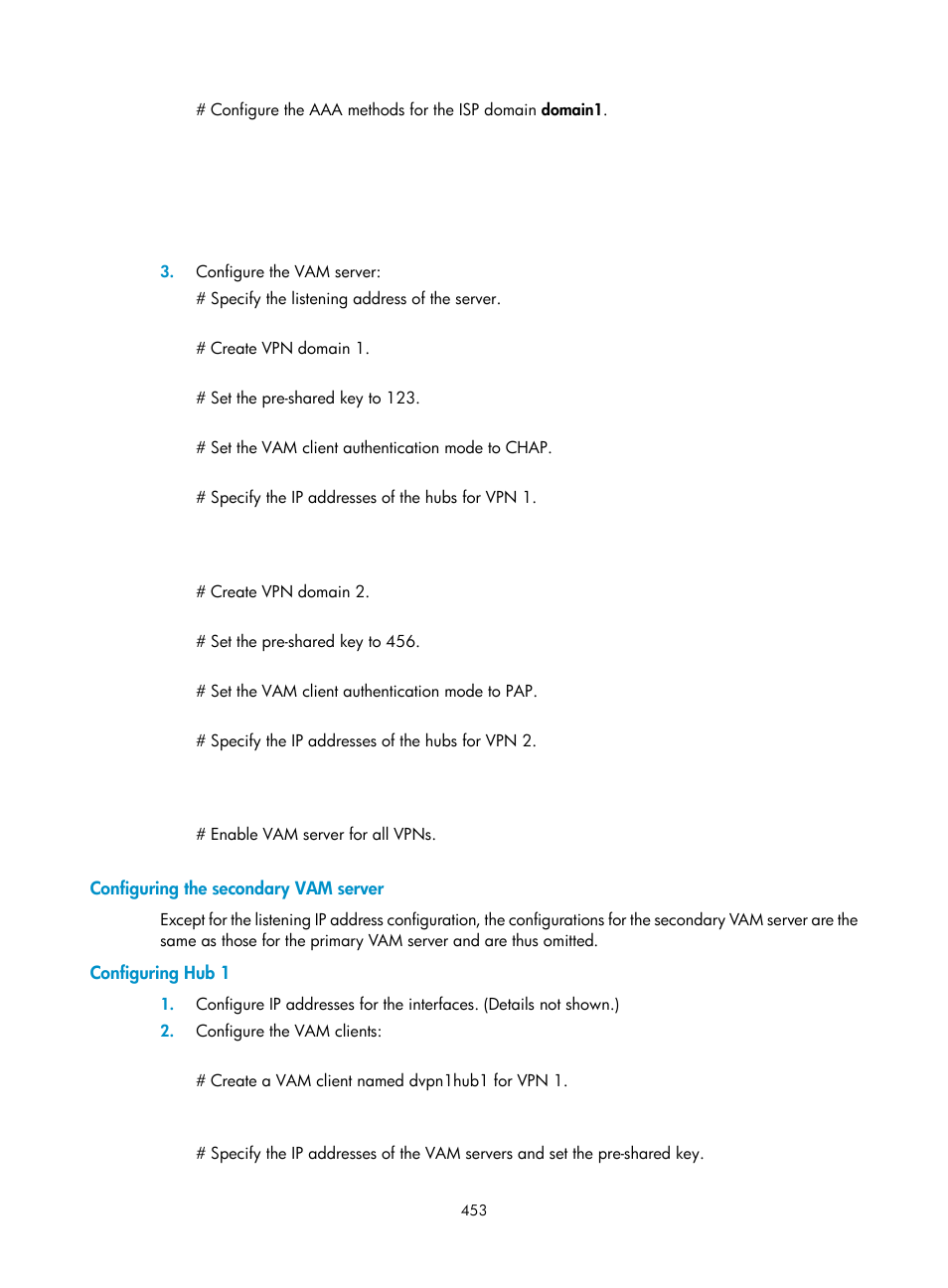 Configuring the secondary vam server, Configuring hub 1 | H3C Technologies H3C SecPath F1000-E User Manual | Page 465 / 490