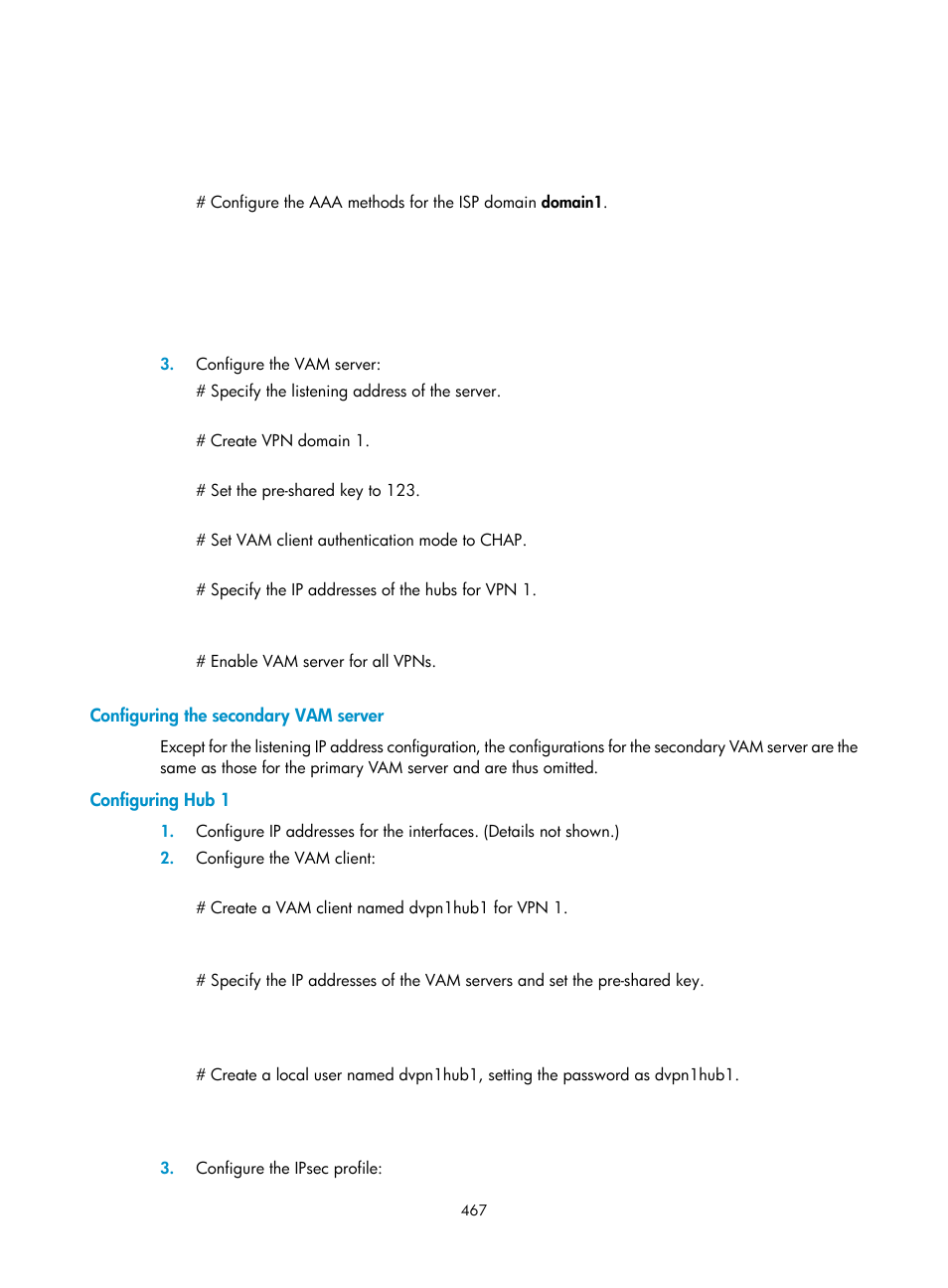 Configuring the secondary vam server, Configuring hub 1 | H3C Technologies H3C SecPath F1000-E User Manual | Page 479 / 490