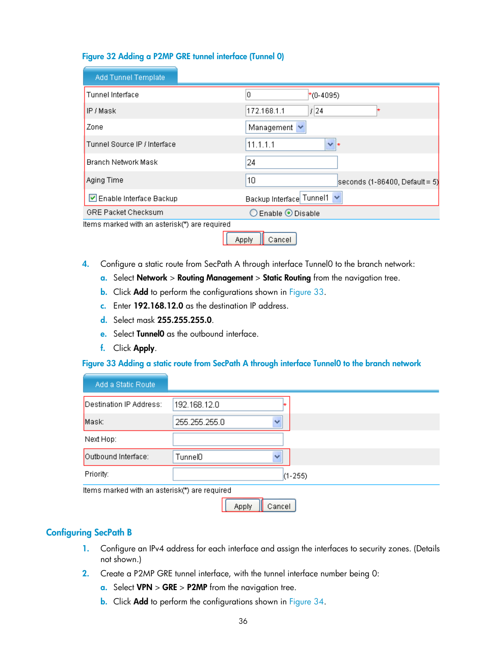Configuring secpath b | H3C Technologies H3C SecPath F1000-E User Manual | Page 48 / 490