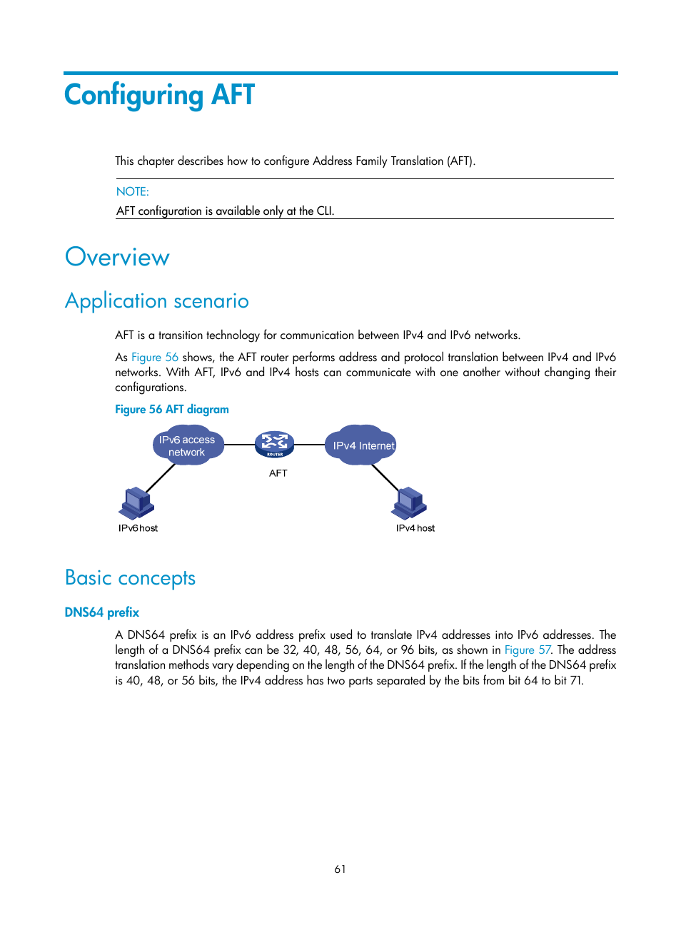 Configuring aft, Overview, Application scenario | Basic concepts, Dns64 prefix | H3C Technologies H3C SecPath F1000-E User Manual | Page 73 / 490