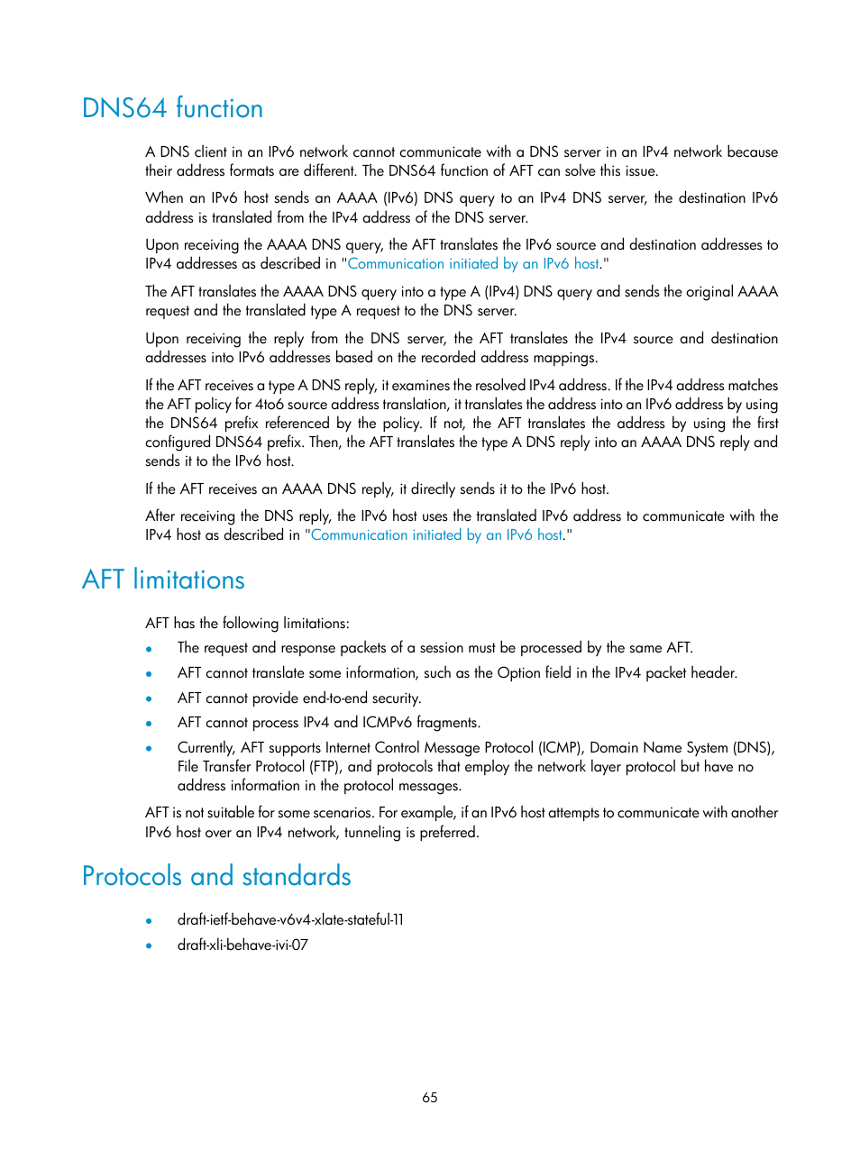 Dns64 function, Aft limitations, Protocols and standards | H3C Technologies H3C SecPath F1000-E User Manual | Page 77 / 490