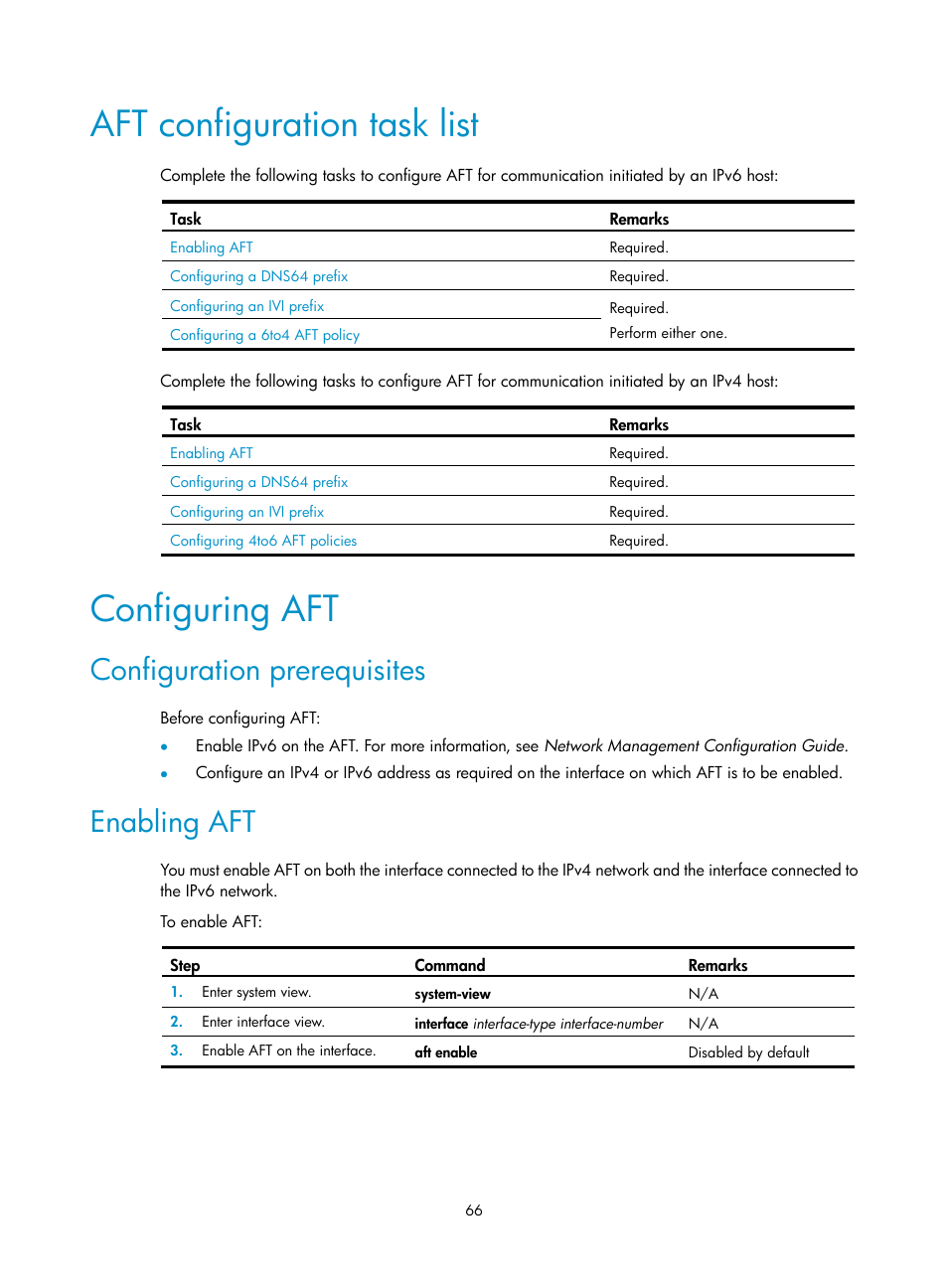 Aft configuration task list, Configuring aft, Configuration prerequisites | Enabling aft | H3C Technologies H3C SecPath F1000-E User Manual | Page 78 / 490