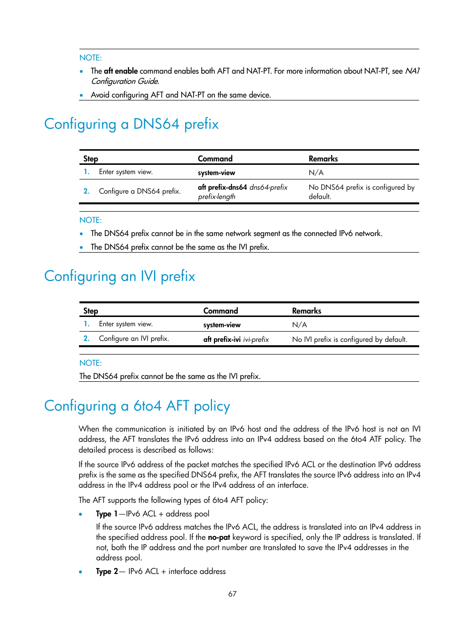 Configuring a dns64 prefix, Configuring an ivi prefix, Configuring a 6to4 aft policy | H3C Technologies H3C SecPath F1000-E User Manual | Page 79 / 490