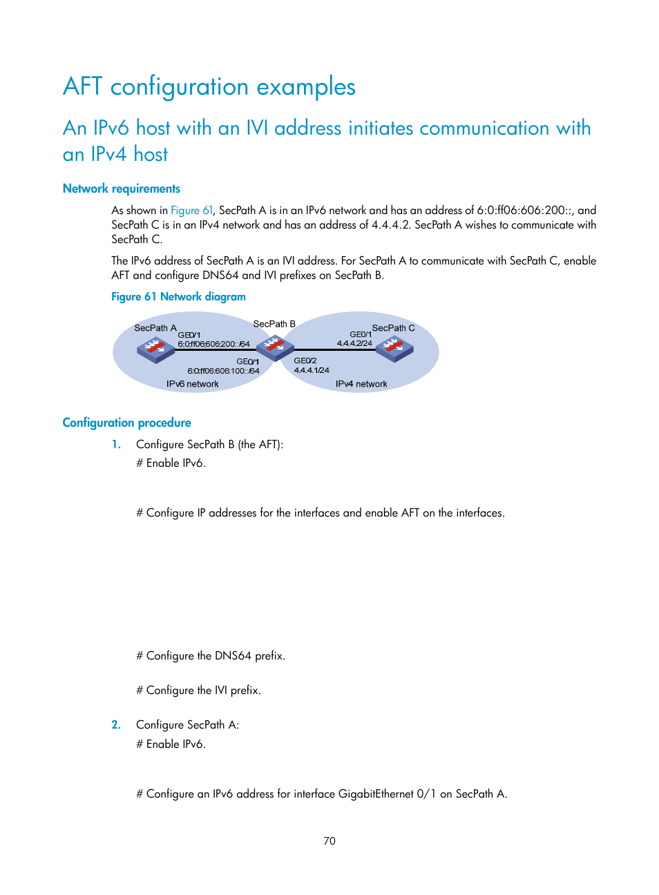 Aft configuration examples, Network requirements, Configuration procedure | H3C Technologies H3C SecPath F1000-E User Manual | Page 82 / 490