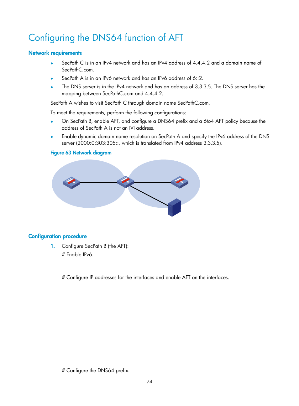 Configuring the dns64 function of aft, Network requirements, Configuration procedure | H3C Technologies H3C SecPath F1000-E User Manual | Page 86 / 490