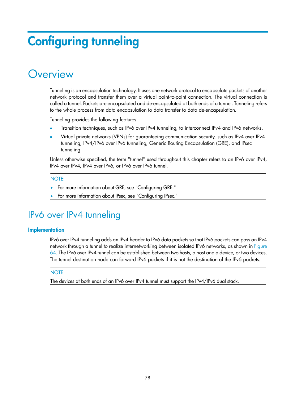 Configuring tunneling, Overview, Ipv6 over ipv4 tunneling | Implementation | H3C Technologies H3C SecPath F1000-E User Manual | Page 90 / 490