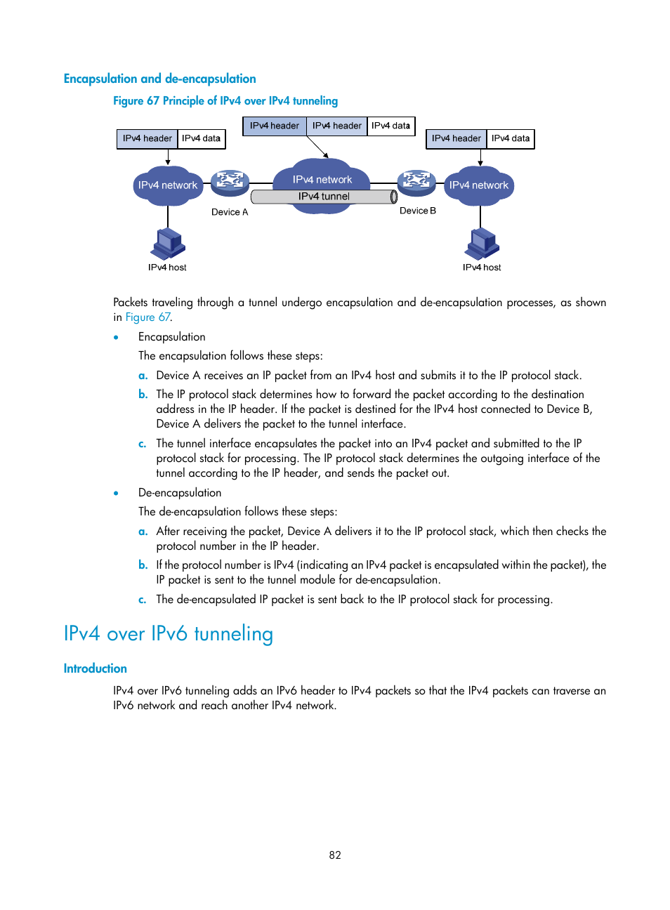 Encapsulation and de-encapsulation, Ipv4 over ipv6 tunneling, Introduction | H3C Technologies H3C SecPath F1000-E User Manual | Page 94 / 490