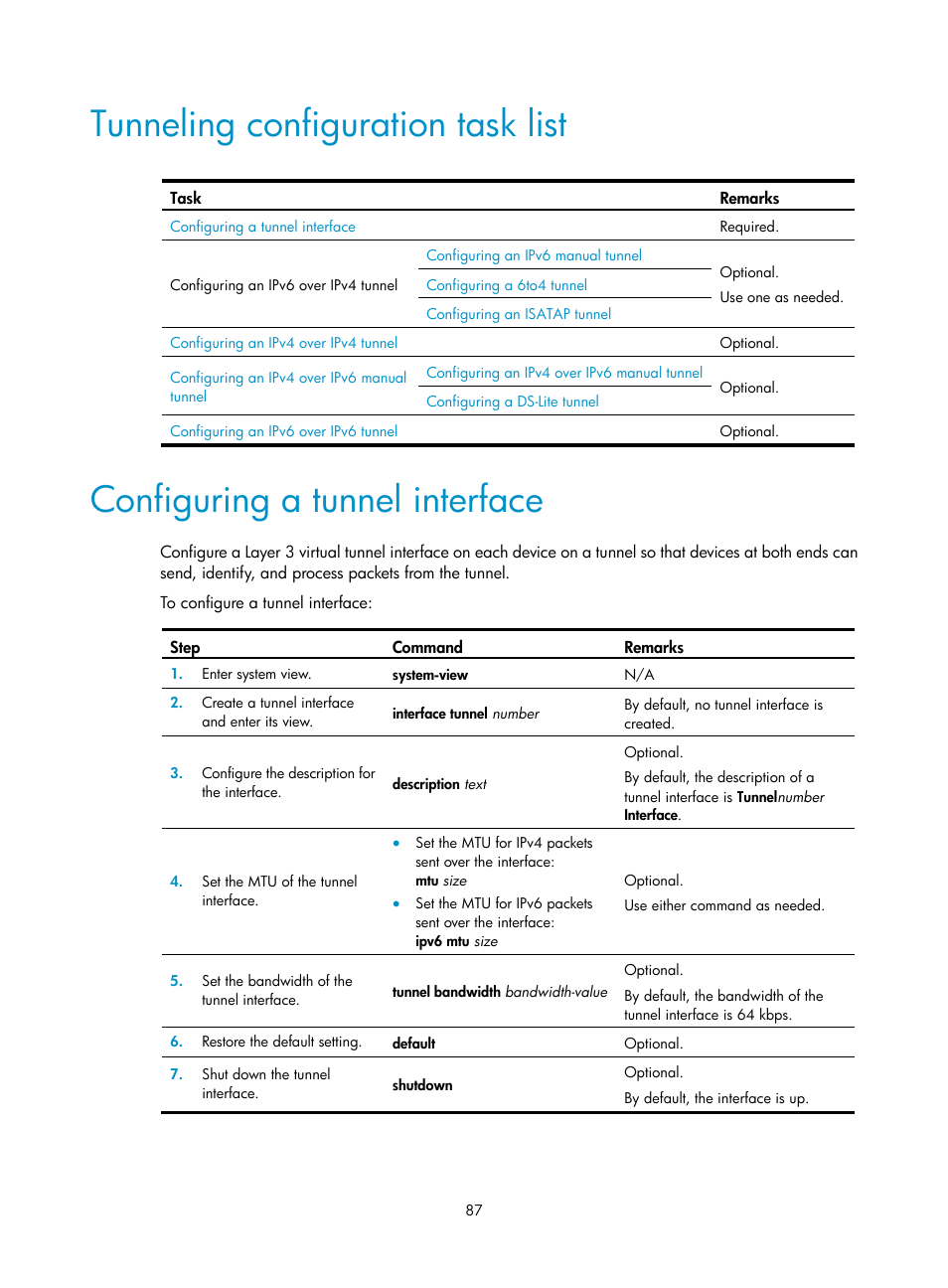 Tunneling configuration task list, Configuring a tunnel interface | H3C Technologies H3C SecPath F1000-E User Manual | Page 99 / 490