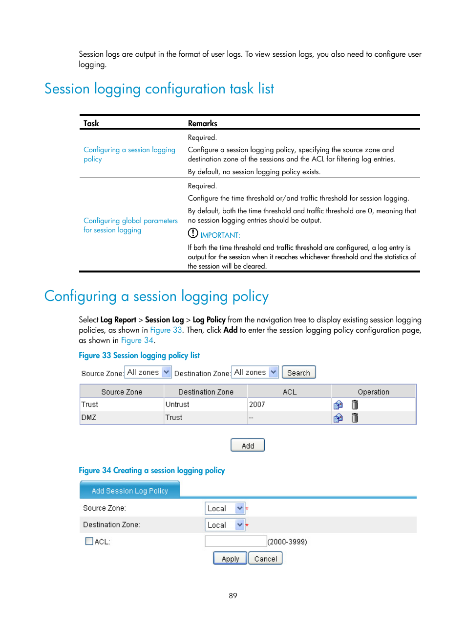 Session logging configuration task list, Configuring a session logging policy | H3C Technologies H3C SecPath F1000-E User Manual | Page 100 / 234