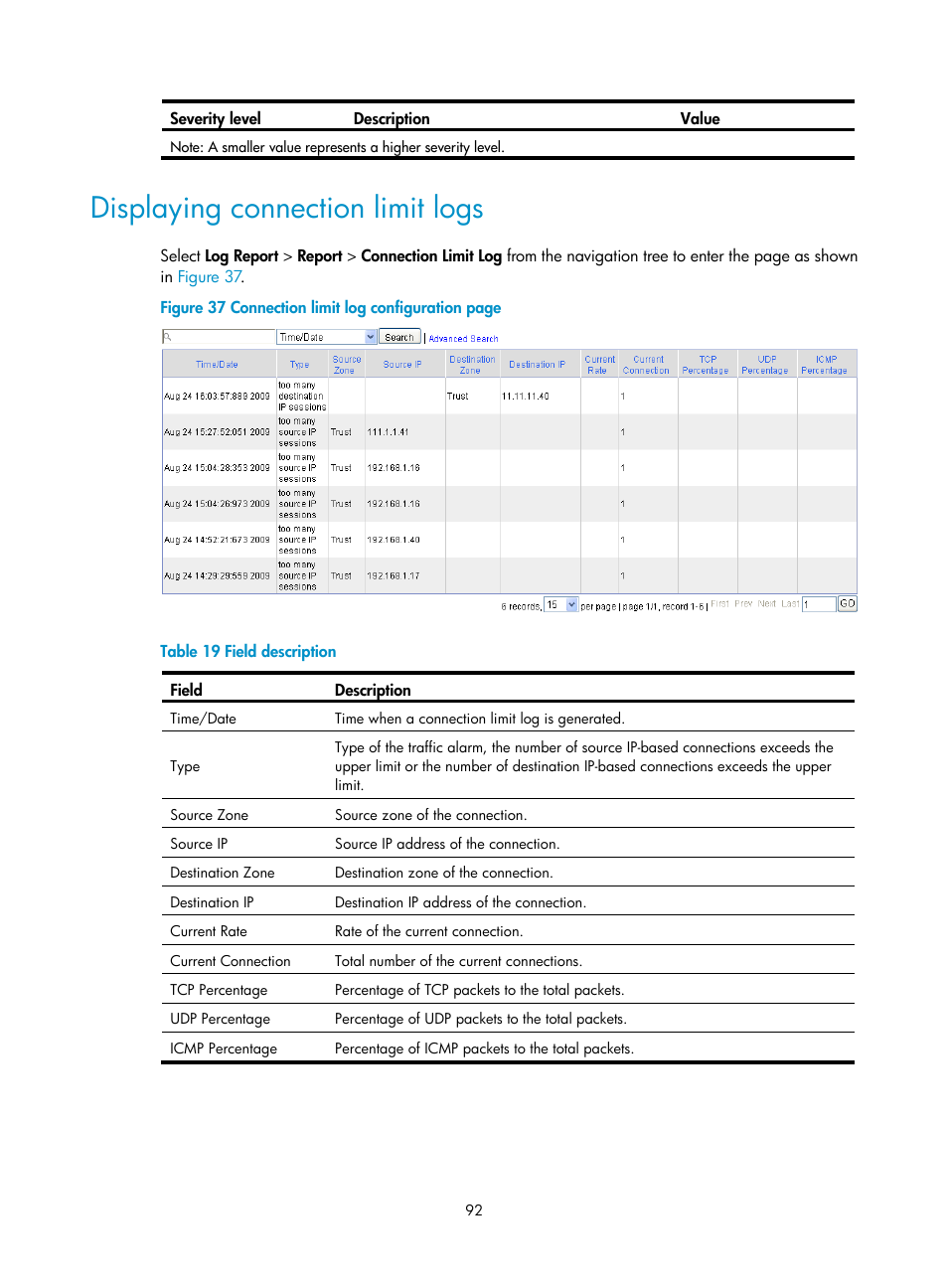 Displaying connection limit logs | H3C Technologies H3C SecPath F1000-E User Manual | Page 103 / 234