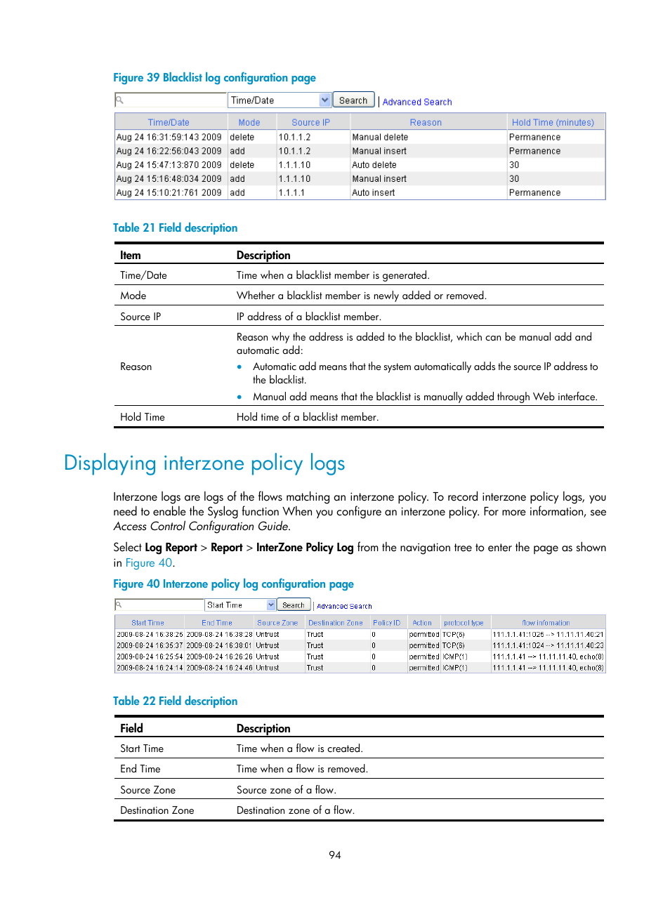 Displaying interzone policy logs, Figure | H3C Technologies H3C SecPath F1000-E User Manual | Page 105 / 234