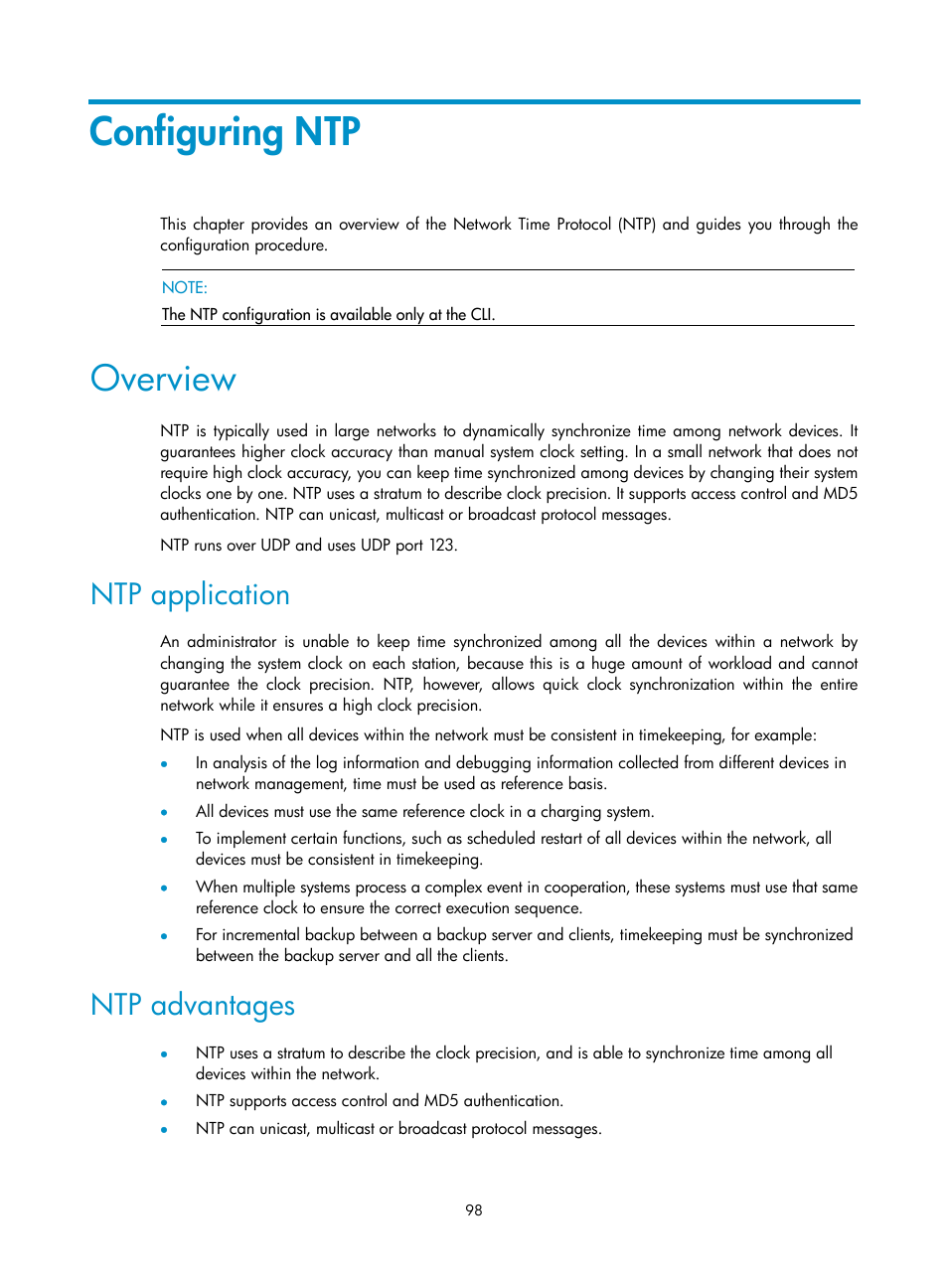 Configuring ntp, Overview, Ntp application | Ntp advantages | H3C Technologies H3C SecPath F1000-E User Manual | Page 109 / 234