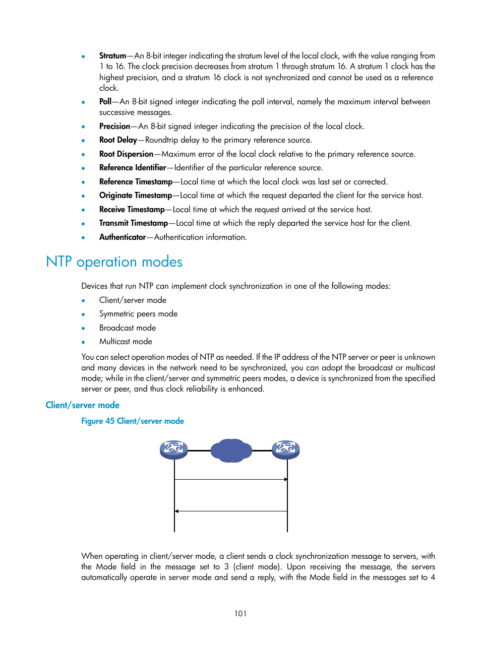 Ntp operation modes, Client/server mode | H3C Technologies H3C SecPath F1000-E User Manual | Page 112 / 234