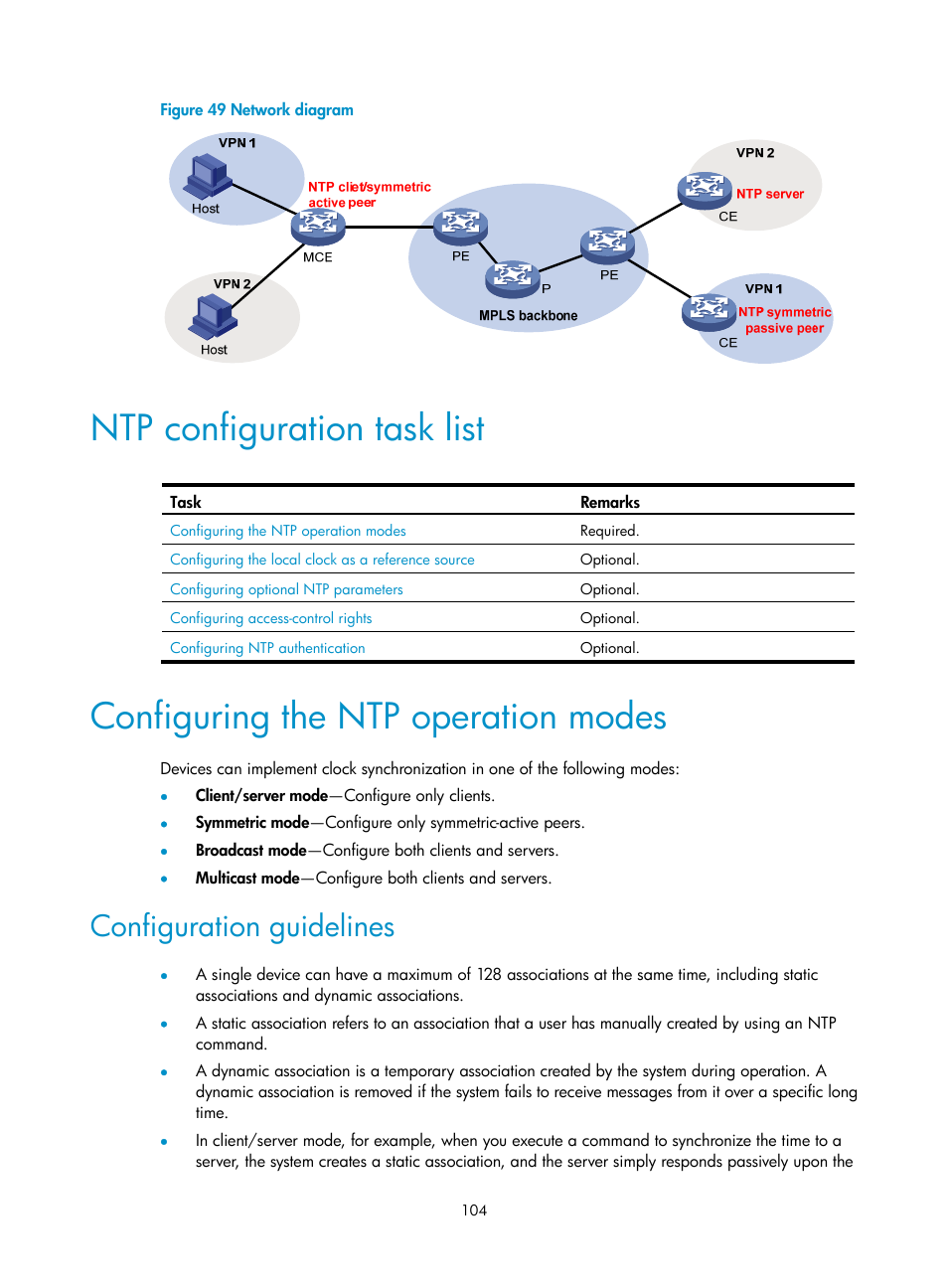 Ntp configuration task list, Configuring the ntp operation modes, Configuration guidelines | H3C Technologies H3C SecPath F1000-E User Manual | Page 115 / 234