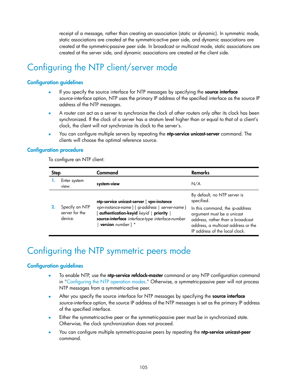 Configuring the ntp client/server mode, Configuration guidelines, Configuration procedure | Configuring the ntp symmetric peers mode | H3C Technologies H3C SecPath F1000-E User Manual | Page 116 / 234