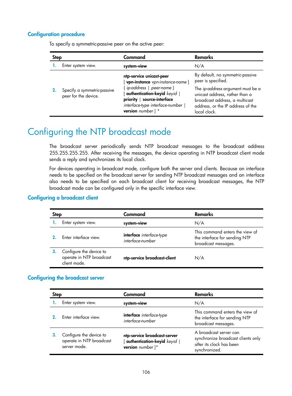 Configuration procedure, Configuring the ntp broadcast mode, Configuring a broadcast client | Configuring the broadcast server | H3C Technologies H3C SecPath F1000-E User Manual | Page 117 / 234