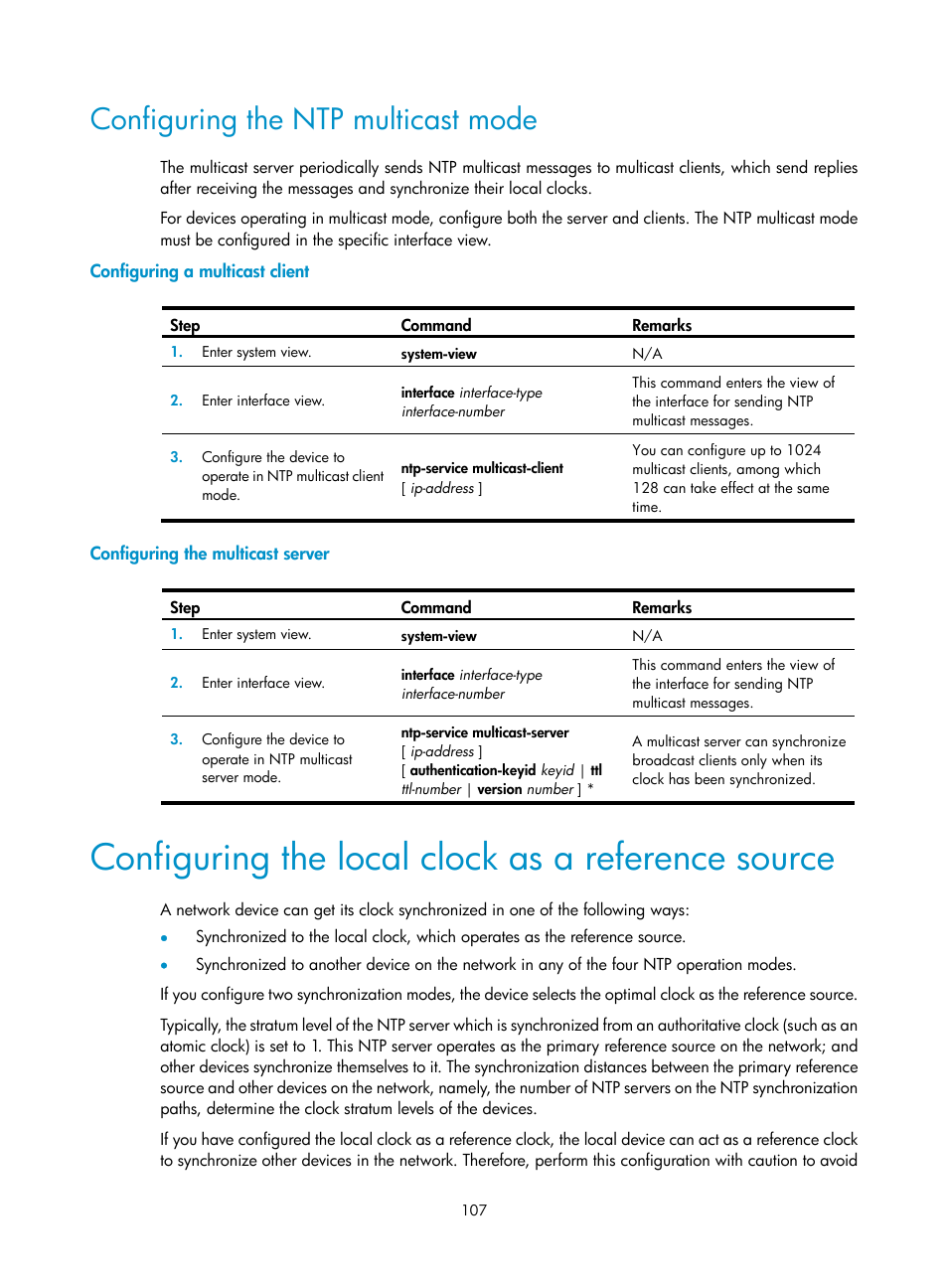 Configuring the ntp multicast mode, Configuring a multicast client, Configuring the multicast server | Configuring the local clock as a reference source | H3C Technologies H3C SecPath F1000-E User Manual | Page 118 / 234