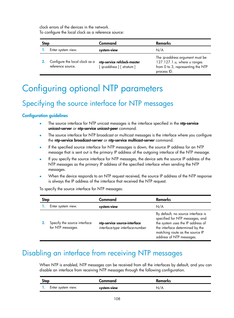 Configuring optional ntp parameters, Specifying the source interface for ntp messages, Configuration guidelines | Disabling an interface from receiving ntp messages | H3C Technologies H3C SecPath F1000-E User Manual | Page 119 / 234