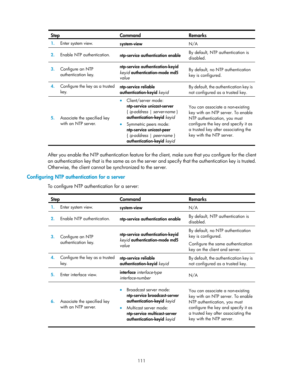 Configuring ntp authentication for a server | H3C Technologies H3C SecPath F1000-E User Manual | Page 122 / 234