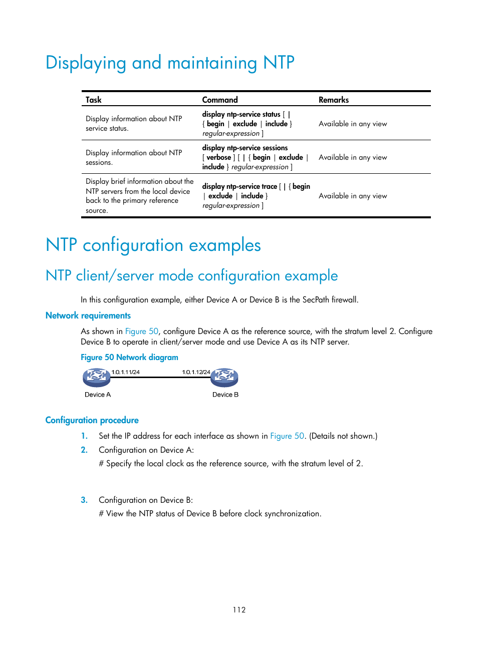 Displaying and maintaining ntp, Ntp configuration examples, Ntp client/server mode configuration example | Network requirements, Configuration procedure | H3C Technologies H3C SecPath F1000-E User Manual | Page 123 / 234