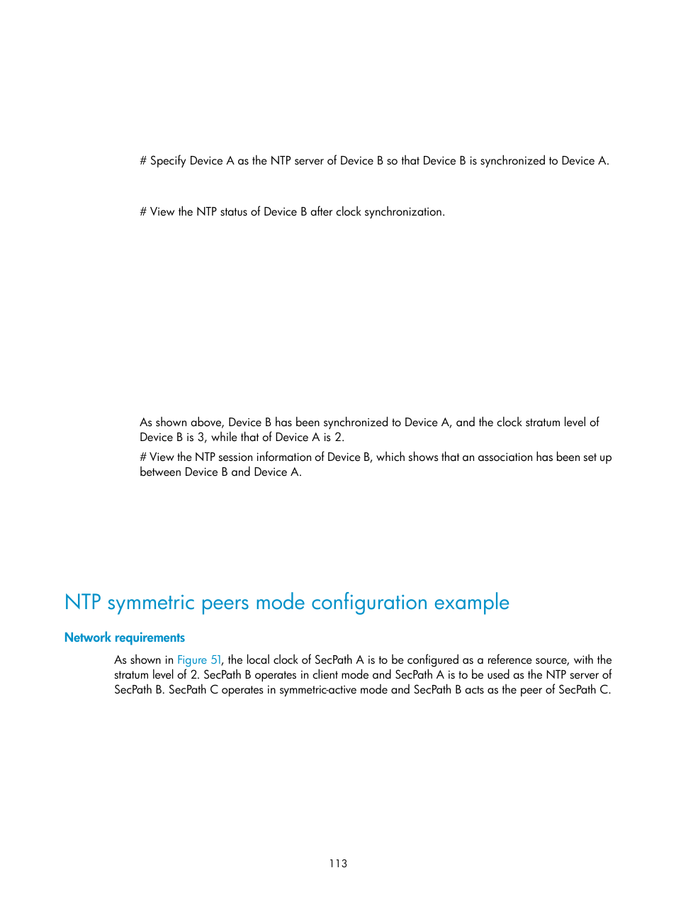 Ntp symmetric peers mode configuration example, Network requirements | H3C Technologies H3C SecPath F1000-E User Manual | Page 124 / 234