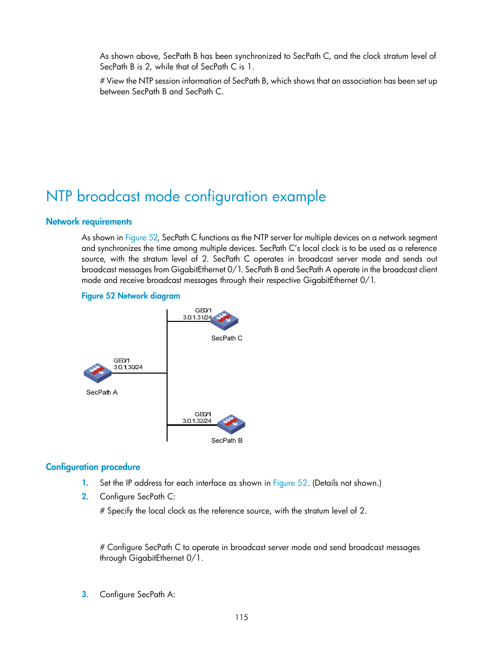 Ntp broadcast mode configuration example, Network requirements, Configuration procedure | H3C Technologies H3C SecPath F1000-E User Manual | Page 126 / 234