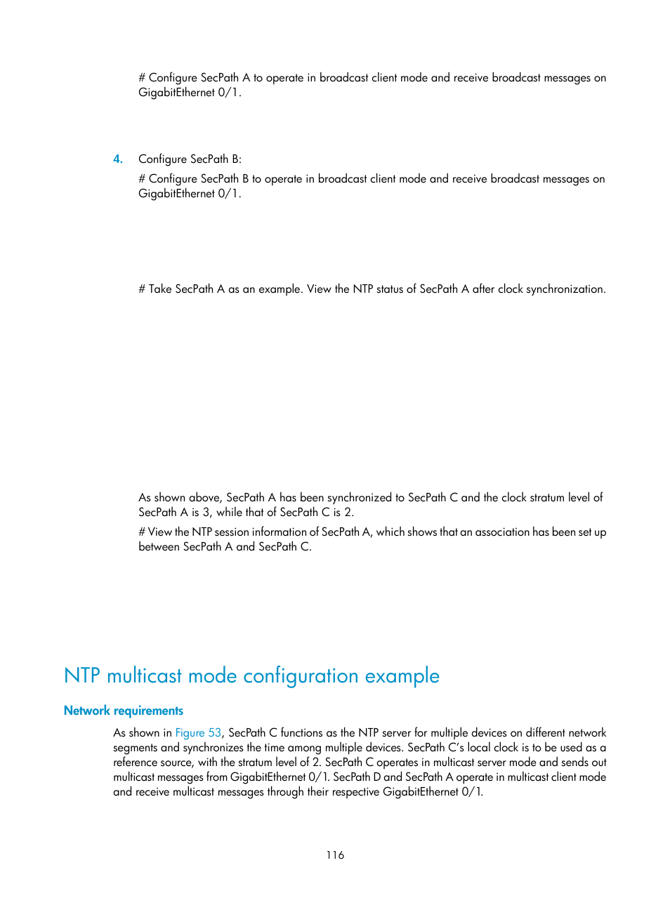 Ntp multicast mode configuration example, Network requirements | H3C Technologies H3C SecPath F1000-E User Manual | Page 127 / 234