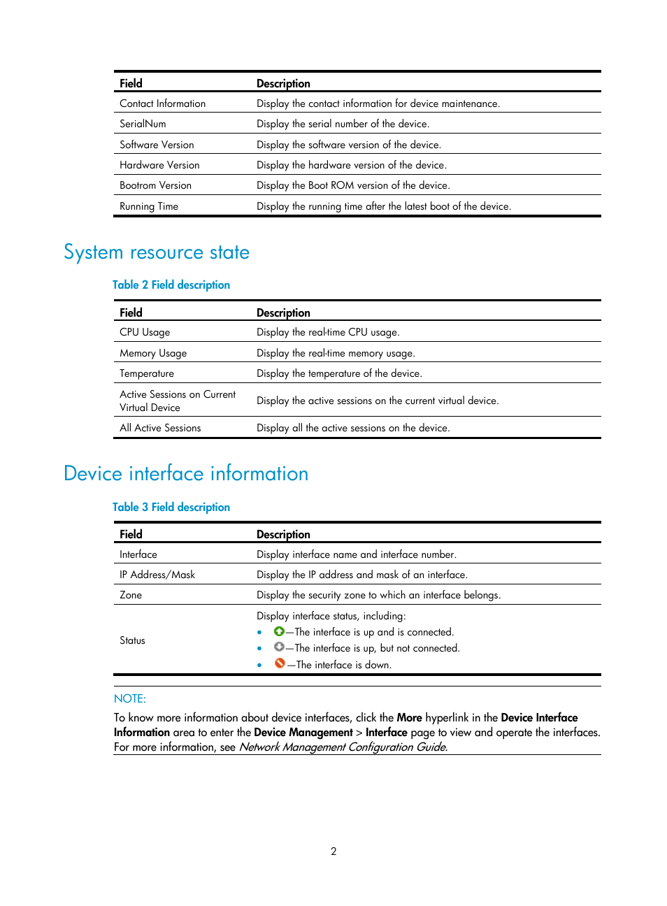 System resource state, Device interface information | H3C Technologies H3C SecPath F1000-E User Manual | Page 13 / 234