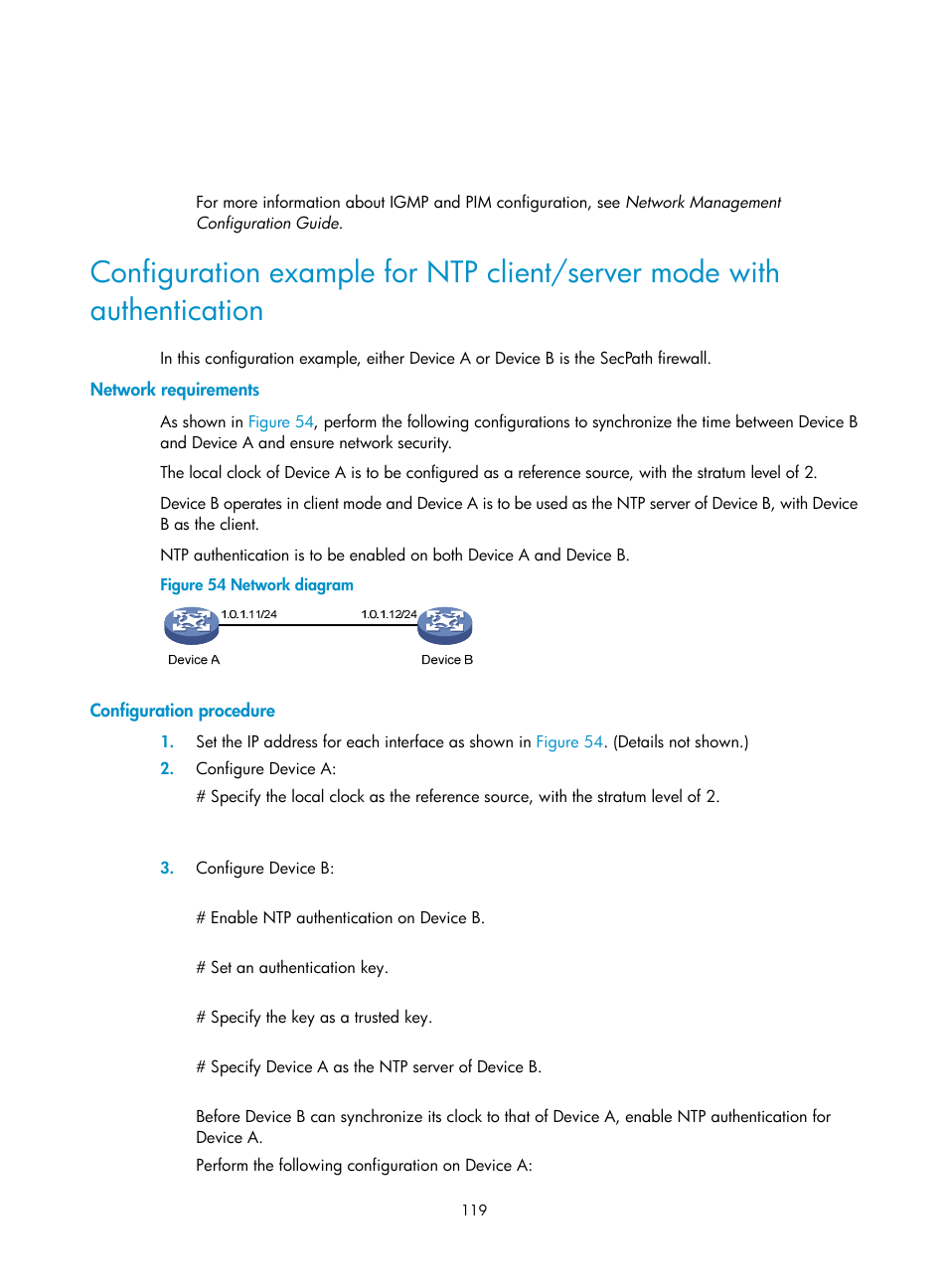 Network requirements, Configuration procedure | H3C Technologies H3C SecPath F1000-E User Manual | Page 130 / 234