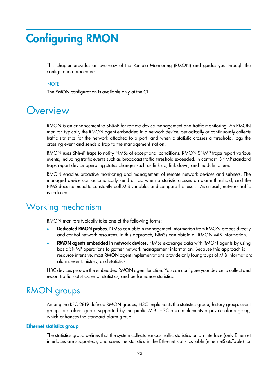 Configuring rmon, Overview, Working mechanism | Rmon groups, Ethernet statistics group | H3C Technologies H3C SecPath F1000-E User Manual | Page 134 / 234