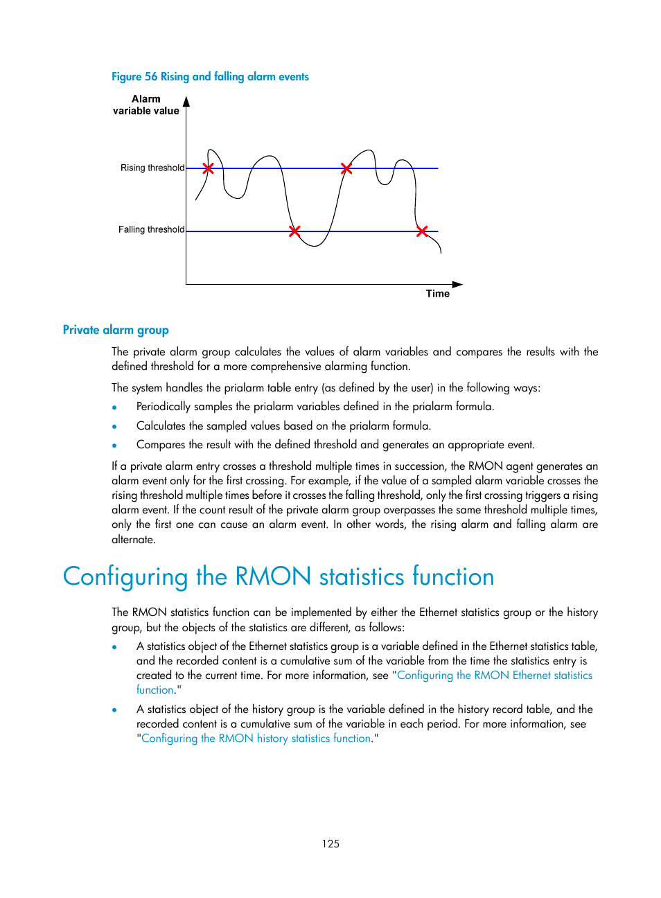 Private alarm group, Configuring the rmon statistics function | H3C Technologies H3C SecPath F1000-E User Manual | Page 136 / 234