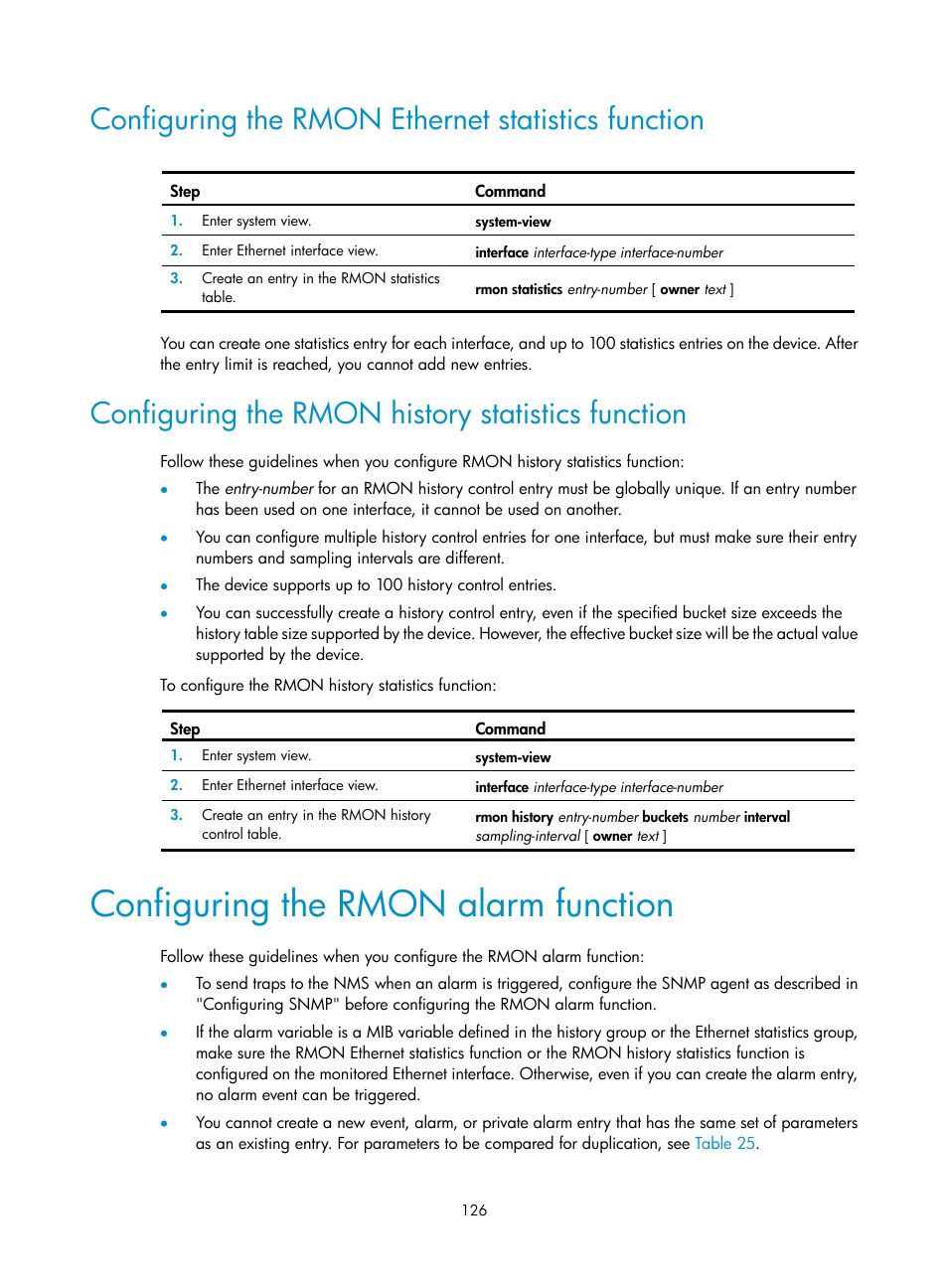 Configuring the rmon ethernet statistics function, Configuring the rmon history statistics function, Configuring the rmon alarm function | Configuring the rmon ethernet statistics, Function | H3C Technologies H3C SecPath F1000-E User Manual | Page 137 / 234