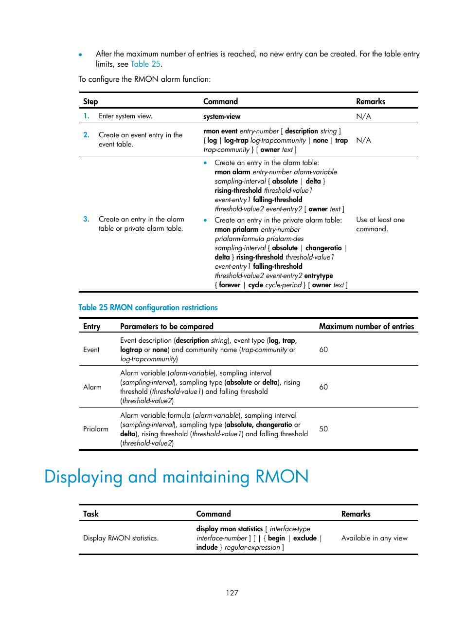 Displaying and maintaining rmon | H3C Technologies H3C SecPath F1000-E User Manual | Page 138 / 234