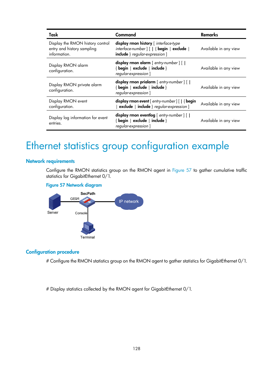 Ethernet statistics group configuration example, Network requirements, Configuration procedure | H3C Technologies H3C SecPath F1000-E User Manual | Page 139 / 234