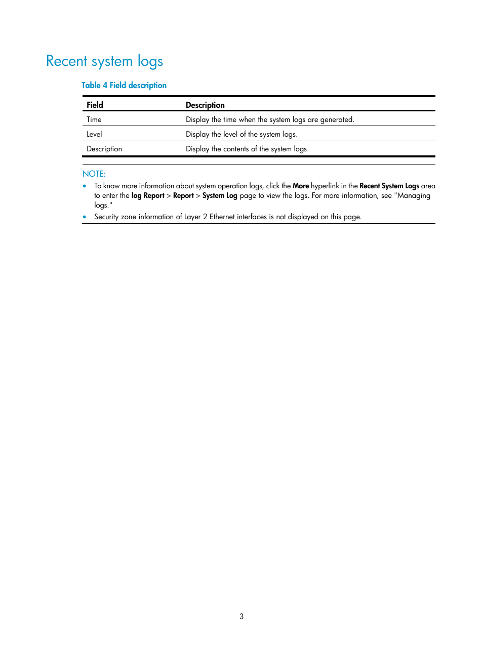 Recent system logs | H3C Technologies H3C SecPath F1000-E User Manual | Page 14 / 234