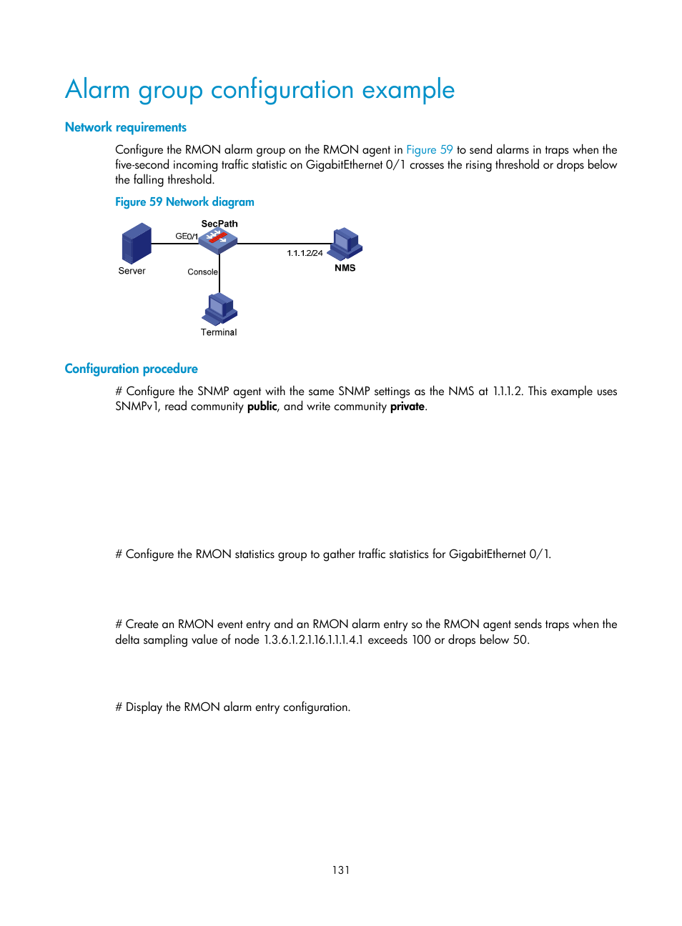 Alarm group configuration example, Network requirements, Configuration procedure | H3C Technologies H3C SecPath F1000-E User Manual | Page 142 / 234