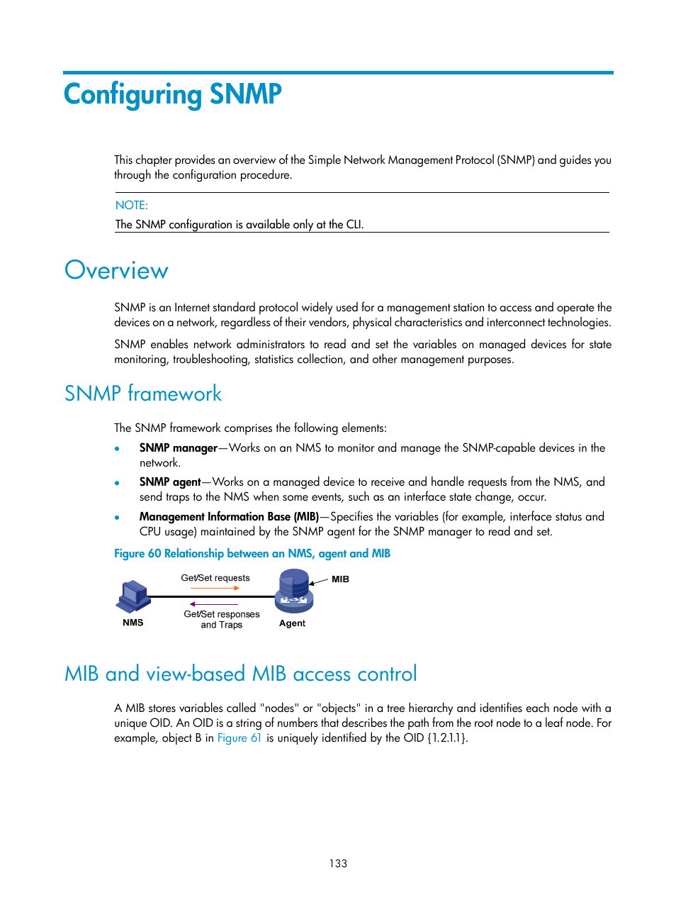 Configuring snmp, Overview, Snmp framework | Mib and view-based mib access control | H3C Technologies H3C SecPath F1000-E User Manual | Page 144 / 234