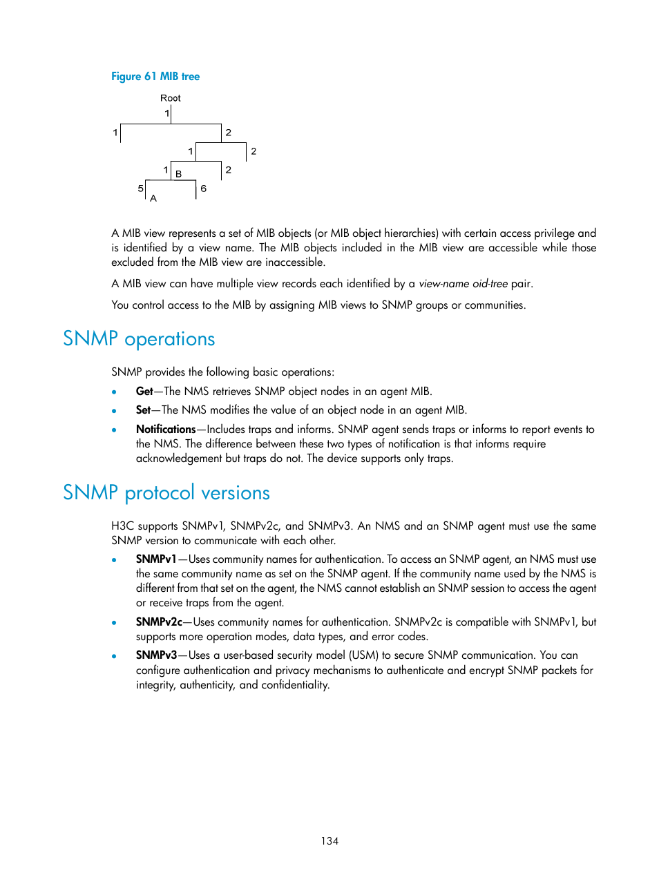 Snmp operations, Snmp protocol versions | H3C Technologies H3C SecPath F1000-E User Manual | Page 145 / 234