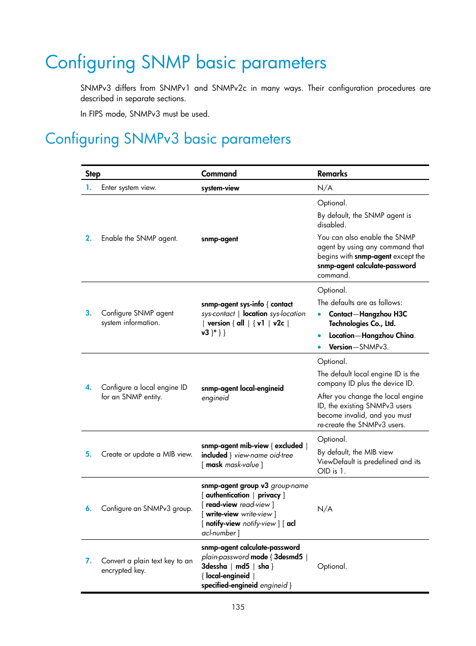 Configuring snmp basic parameters, Configuring snmpv3 basic parameters | H3C Technologies H3C SecPath F1000-E User Manual | Page 146 / 234